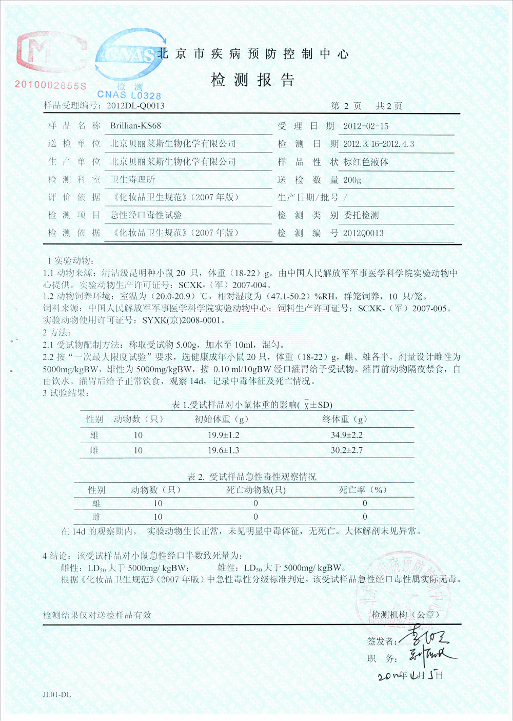 KS68抗衰老劑-毒理學(xué)試驗(yàn)2012_03